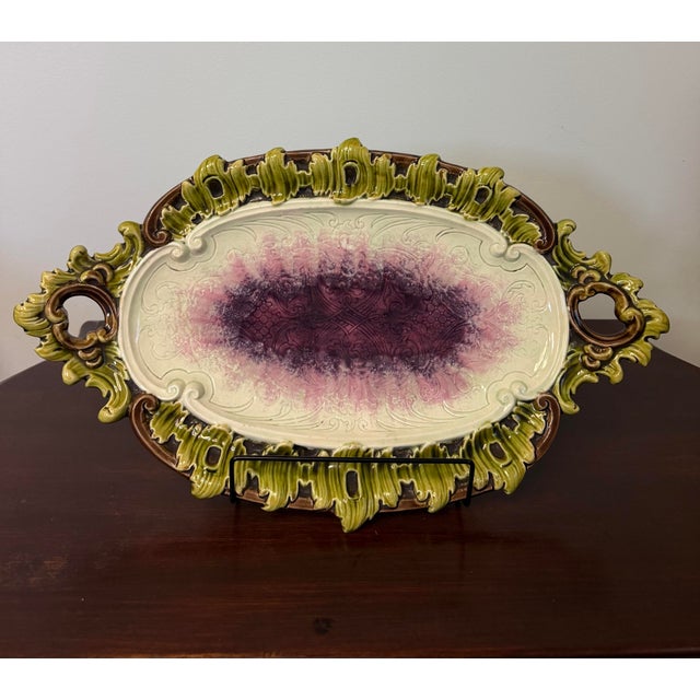 Late 19th Century Victorian Majolica Oval Serving Tray With Ornate Leaf Border & Handles For Sale - Image 5 of 5