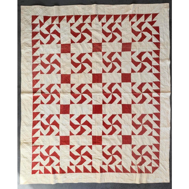 1930s Early 20th C Red and White Pinwheel Style Pattern Hand-Stitched Cotton Quilt For Sale - Image 5 of 16