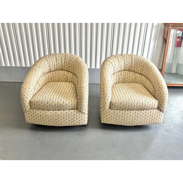 Vintage upholstered barrel chairs that swivel. Made by Precedent furniture. Orignal early 1980s upholstery in wonderful...