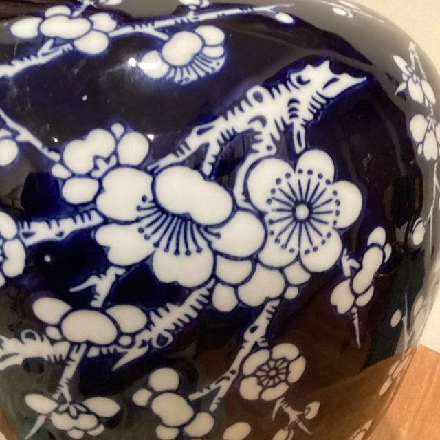 Mid 20th Century Vintage Asian Chinese Blue and White Porcelain Hawthorn Vase Sakura Motifs Glazed Handmade Hand Painted For Sale - Image 5 of 13