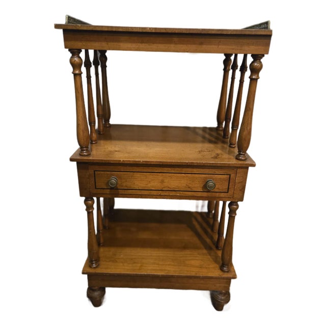 Late 19th Century 3-Tier Wood Étagère With Brass Gallery and Drawer For Sale