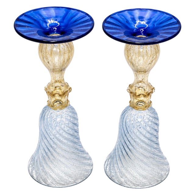 Murano Vintage Murano Venetian Glass Chalice Aventurine Gold Cobalt Blue Goblets - a Pair For Sale - Image 4 of 4