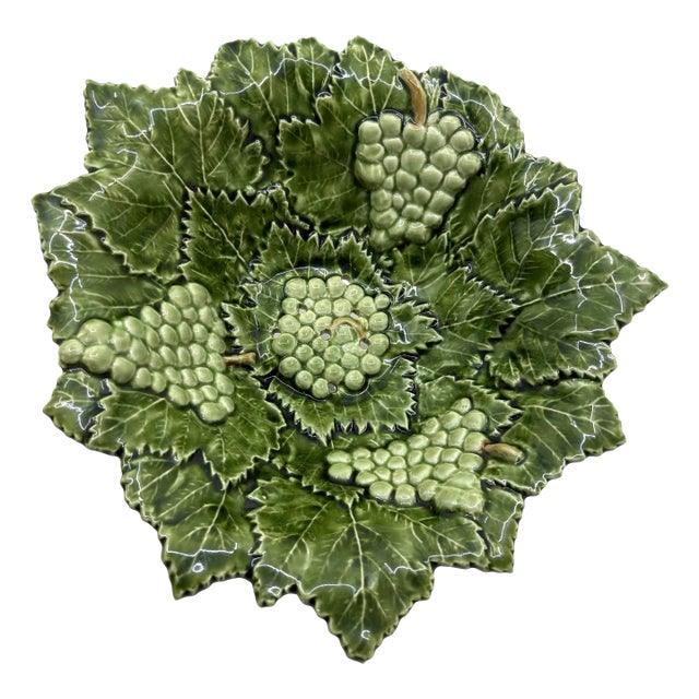 Vintage Caldas Portugal Majolica Art Pottery Green Grapes and Leaves Bowl For Sale