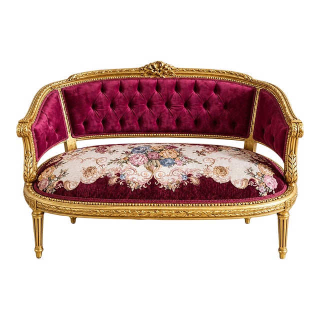 French Louis XVI Style Sofa – Burgundy Tufted Velvet, Floral Upholstery & Ornate Gold Leaf Frame For Sale