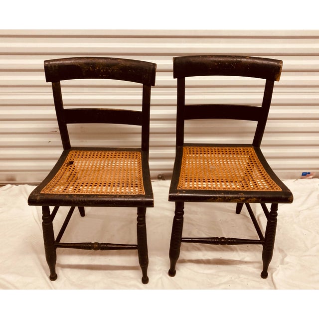 Late 19th Century Antique Pair Hitchcock Chairs Black With Faded Greek Key Painting on Top of Chair Backs Cane Seats For Sale - Image 5 of 11