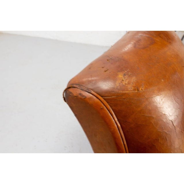 Brown Antique French Club Armchair Fauteuil Cognac Leather and Fabric, 1930, Set of 2 For Sale - Image 8 of 16