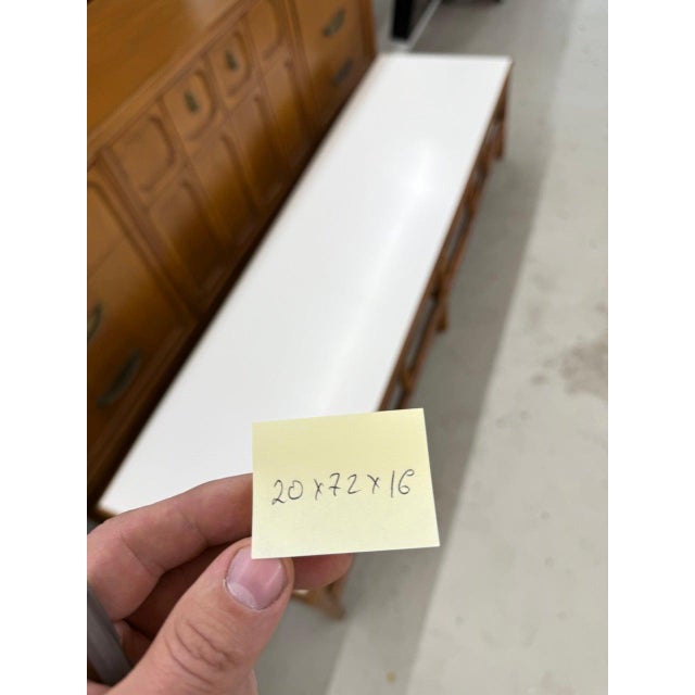 Mid Century c1970s Rattan Bamboo White Formica Top 72” Long Coffee Table MINT