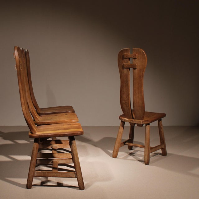 Wood Brutalist Dining Chairs attributed to De Puydt, Belgium, 1970s, Set of 4 For Sale - Image 7 of 11