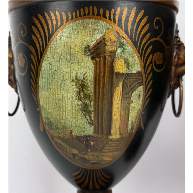 Pair of Vintage Neoclassical Painted Toleware Lidded Urns With Lion Mask Handles For Sale - Image 9 of 12
