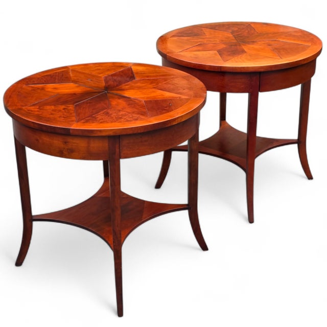 This Pair of Niermann Weeks Round Parquet Side Tables are distinguished and beautiful pair that will make a subtle but...