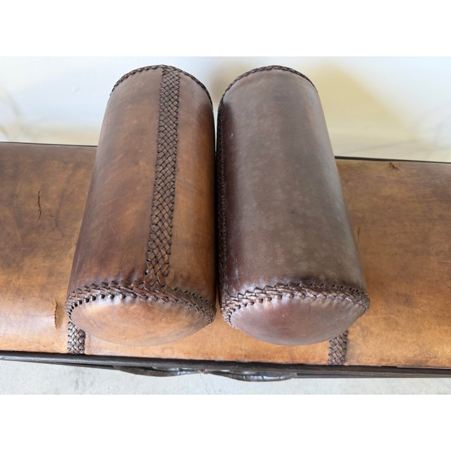 Vintage Rustic Wrought Iron & Leather Scroll Bench For Sale - Image 9 of 12