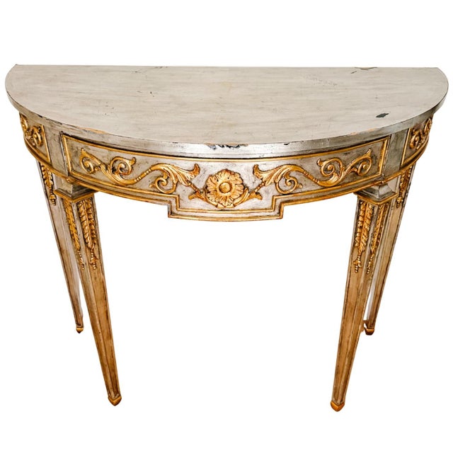 French Late 20th Century Maitland-Smith Silver Leaf & Gilt Neoclassical Demilune Console Table For Sale - Image 3 of 18