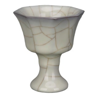 Early 20th Century Chinese Ceramic Cup Guan Ware Crackle Glaze Celadon Stem Cup For Sale