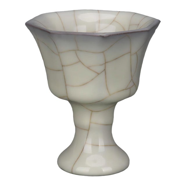 Early 20th Century Chinese Ceramic Cup Guan Ware Crackle Glaze Celadon Stem Cup For Sale