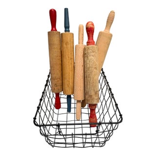 Vintage Rustic Wood Set of Assorted Rolling Pins, Set of Six With Black Metal Basket For Sale