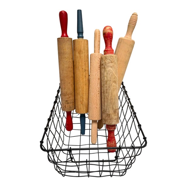 Vintage Rustic Wood Set of Assorted Rolling Pins, Set of Six With Black Metal Basket For Sale