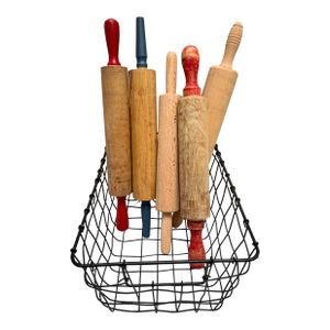 Vintage Rustic Wood Set of Assorted Rolling Pins, Set of Six With Black Metal Basket