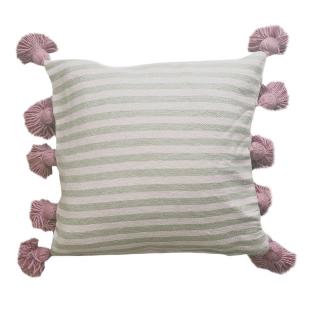 Taupe & Pink Pompom Pillow Cover For Sale
