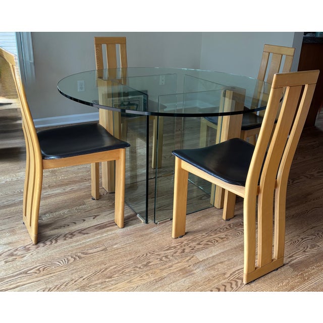 1980s Vintage Italian Glass Table With a Set of 4 Wood and Brown Leather Chairs in the Style of Pietro Costantini For Sale - Image 15 of 18