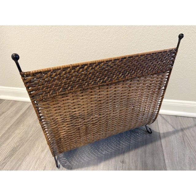 Vintage Mid Century Modern Black Iron & Wicker Rattan Magazine Rack For Sale - Image 4 of 5