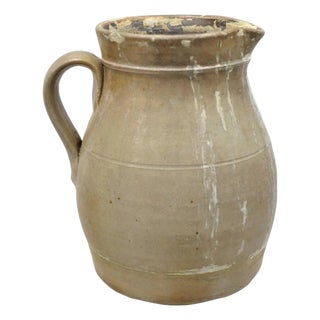 Antique Primitive Stoneware Salt Glazed 8" Bulbous Water Pitcher With Handle For Sale