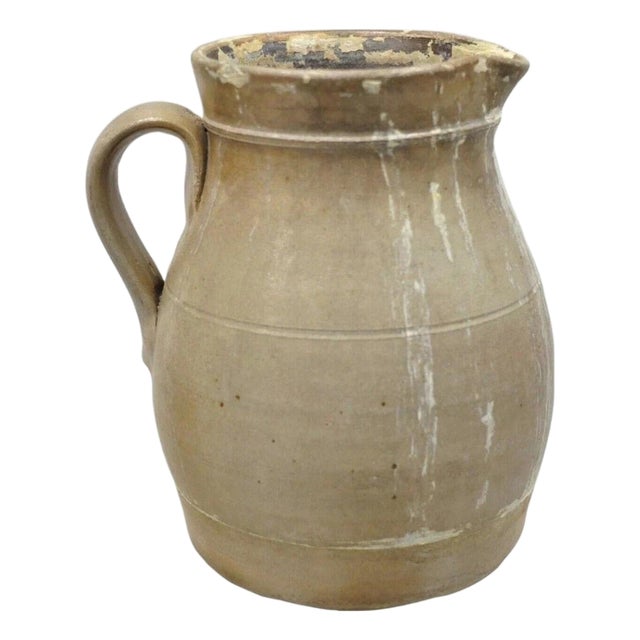 Antique Primitive Stoneware Salt Glazed 8" Bulbous Water Pitcher With Handle For Sale