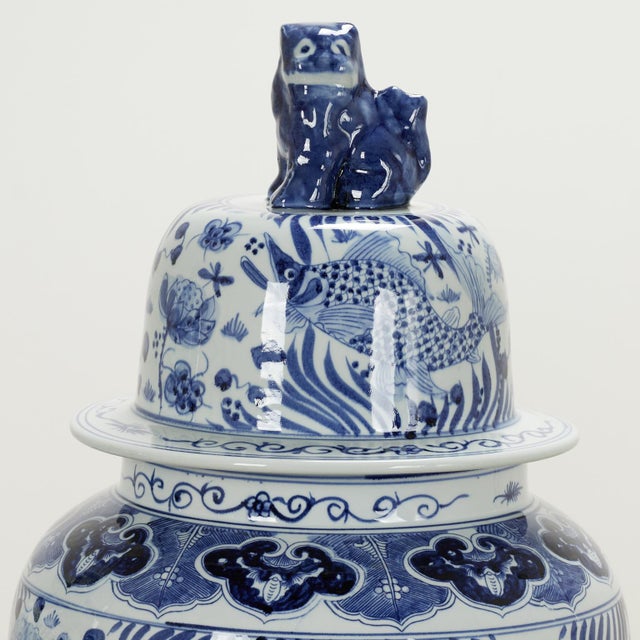 Large Pair of Chinese Blue and White Porcelain Lidded Urns For Sale - Image 9 of 13
