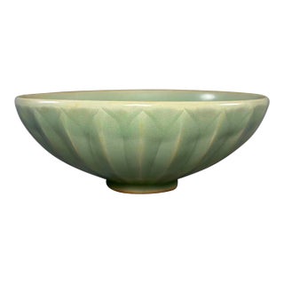 Antique Chinese Longquan Celadon Bowl With Carved Lotus Petals For Sale