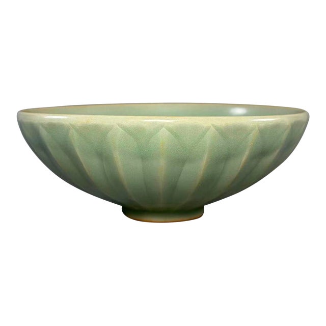 Antique Chinese Longquan Celadon Bowl With Carved Lotus Petals For Sale