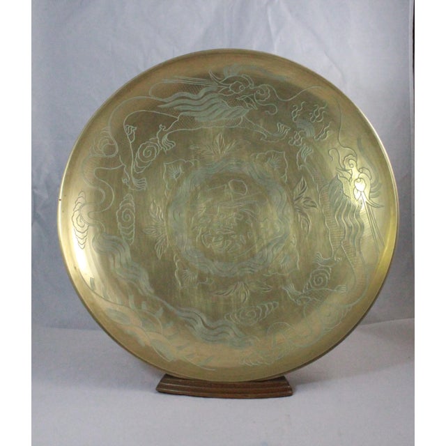 Asian Antique Large Mid 20th Century Brass Bowl With Etched Designs-Dragons For Sale - Image 3 of 9