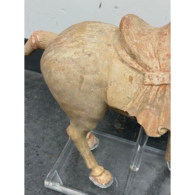Antique Pottery Tang Dynasty Style Horse + Lucite Stand For Sale - Image 10 of 12