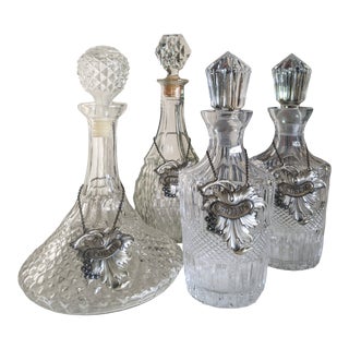 Vintage Mid 20th Century Crystal Liquor Decanter Bottles With Pewter Decanter Tags- Set of 4 For Sale