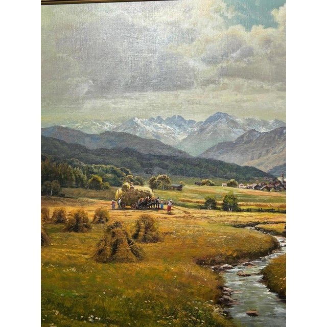 Wolfgang Heinz, Alpine Idyll with Farmers Harvesting, 1950s, Oil on Canvas, Framed For Sale - Image 4 of 10
