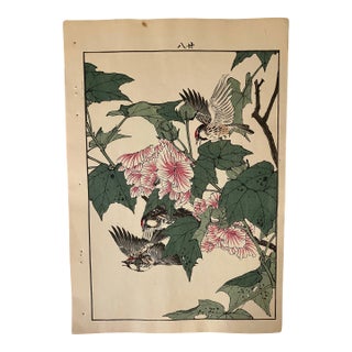 19th Century Japanese Woodblock Print “Cotton Rosemallow, Common Redpoll” For Sale