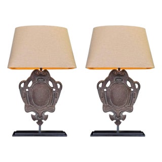 Late 20th Century Cast Iron Shield Table Lamps With Linen Shades - A Pair For Sale