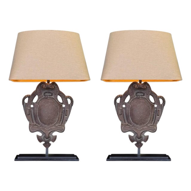 Late 20th Century Cast Iron Shield Table Lamps With Linen Shades - A Pair For Sale
