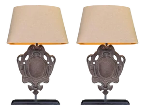 Late 20th Century Cast Iron Shield Table Lamps With Linen Shades - A Pair