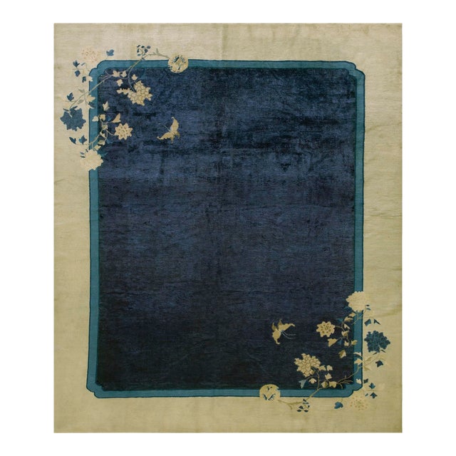 1920s Navy Blue Open Field Floral Antique Chinese Peking Rug 7' 10'' X 9' 6'' Wool & Silk Knotted Carpet For Sale