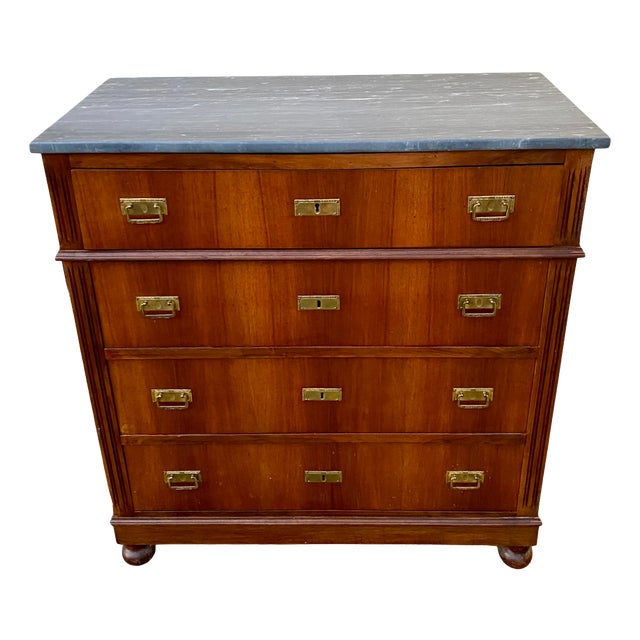 English Navy Military Chest of Drawers with Marble Top, 1960s For Sale