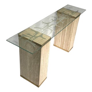 Mid-Century Modern Console Table with Engraved Abstract Expressionist Glass Top, 1960s For Sale