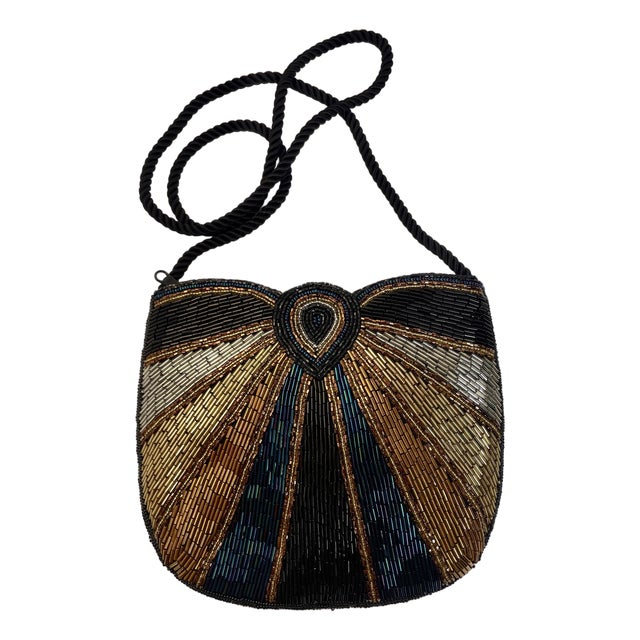 1980s Black Blue and Gold Iridescent Beaded Evening Bag - For Sale