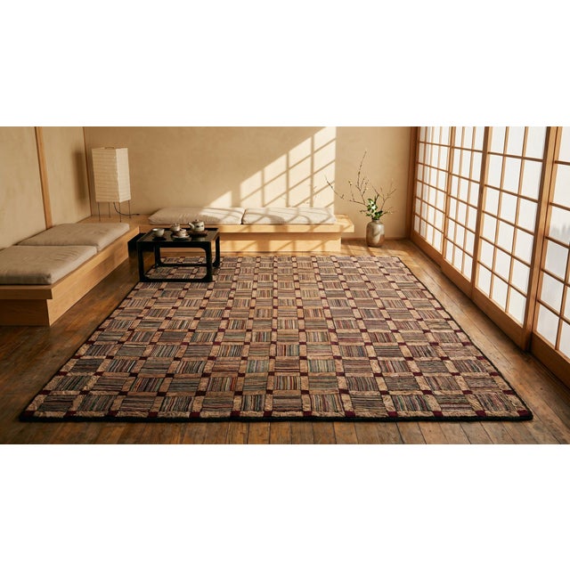 Tan Spectacular Colorful Earth Tones Ground Color in a Checks Pattern Antique American Hooked Rug For Sale - Image 8 of 9