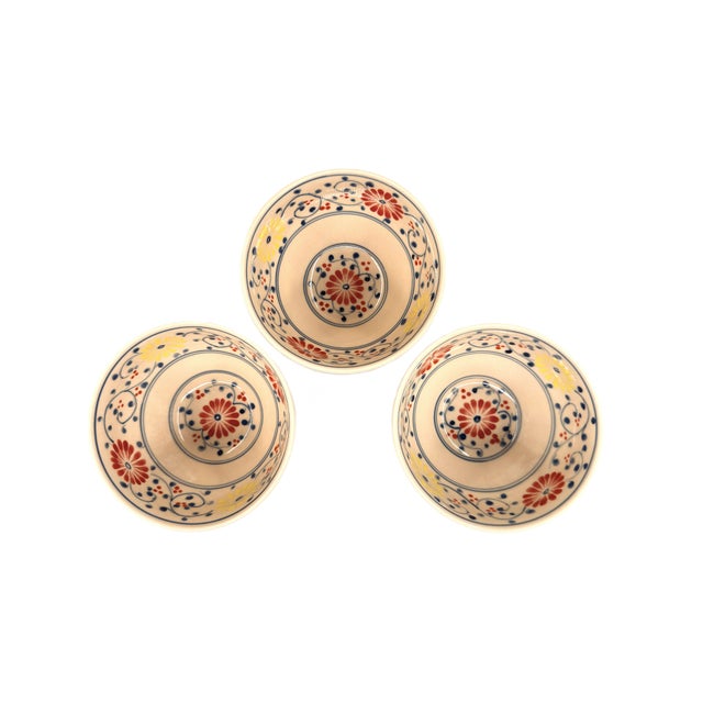 Yellow Set of 3 Bat Trang Vietnamese Ceramic Multipurpose Bowls Hand Painted in Red Yellow and Blue Floral Motifs For Sale - Image 8 of 9