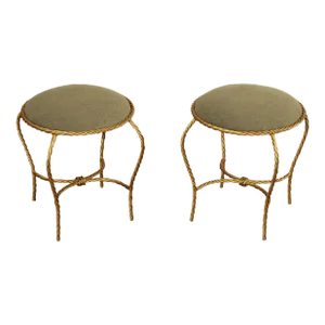 Italian Hollywood Regency Gilt Rope Twist Stools - A Pair