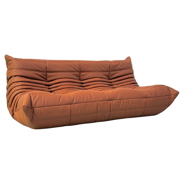 Ligne Roset French Togo 3-Seater Sofa in Brown Leather attributed to Michel Ducaroy for Ligne Roset For Sale - Image 4 of 10