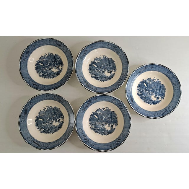 Mid-Century Modern Currier & Ives Blue by Royal 8.5" Rimmed Cereal Soup Bowl Early Winter Set of 10 For Sale - Image 3 of 13