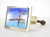 Vintage European Atomic era door pull made of brushed aluminum with a rectangular colorful ceramic abstract center....