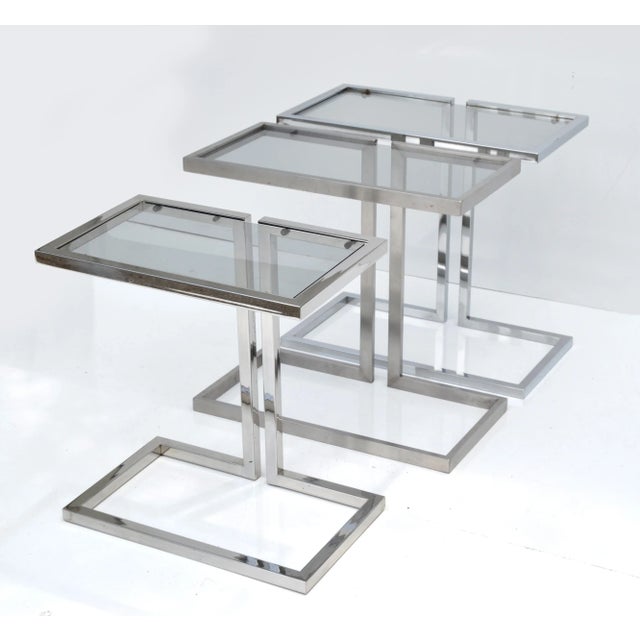 1960s Guy Lefèvre 3 French Mid-Century Modern Silver Finish & Smoked Glass Top Drink Table For Sale - Image 5 of 13