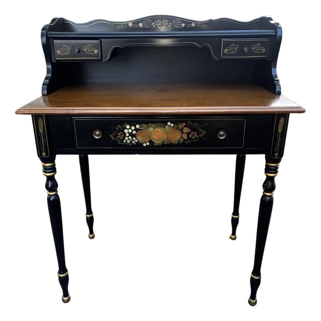 Early 20th Century Ethan Allen Hitchcock Style Stenciled & Ebonized Ladies Writing Desk and Woven Rush Seat For Sale