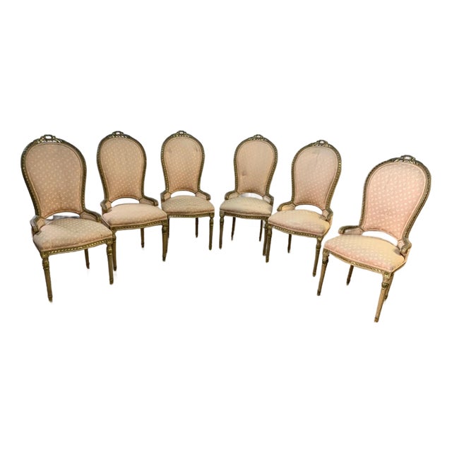 Chairs ~Six Antique French Louis XVI Gold Gilt Ornate Balloon Back Dining Chairs For Sale